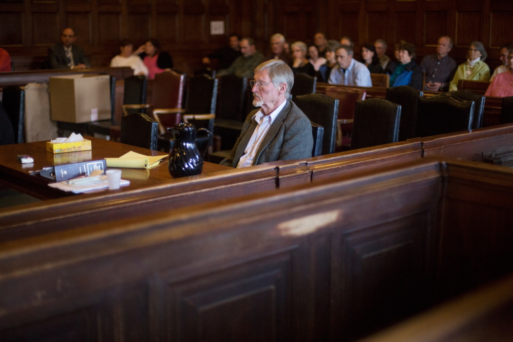 PORTLAND, ME - APRIL 14: Merrill "Mike" Kimball listens to closing remarks during his murder trial at the Cumberland County Court in Portland, ME on Tuesday, April 14, 2015. (Photo by Whitney Hayward/Staff Photographer)