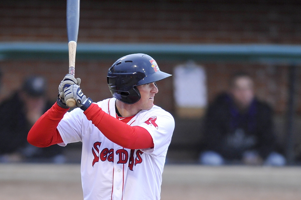 PORTLAND, ME - APRIL 14: First baseman Jantzen Witte is ready for the pitch as the Portland Sea Dogs hosts New Britain Rock Cats in AA Baseball action at Hadlock Field. (Photo by Gordon Chibroski/Staff Photographer)