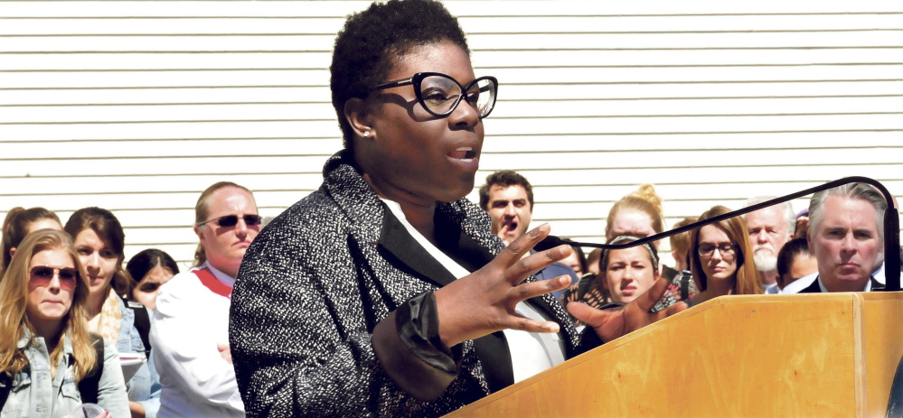 Colby College Associate Dean of Students Tashia Bradley speaks to a gathering of students and staff on racial issues during a forum on campus in Waterville on Thursday.