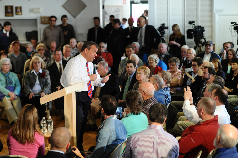 New Jersey Gov. Chris Christie hosts a Town Hall Meeting in Londonderry, N.H., April 15. The Associated Press