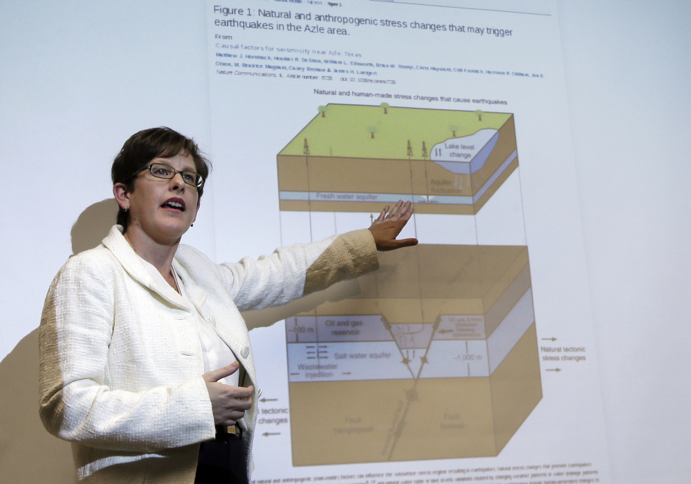 Southern Methodist Univeristy associate professor of geophysics Heather DeShon stands in front of a graphic that may explain the process by which earthquakes occur in the Azle, Texas, area. In 84 days from November 2013 to January 2014, the area around Azle shook with 27 magnitude 2 or greater earthquakes, while scientists at SMU and the U.S. Geological Survey monitored the shaking.