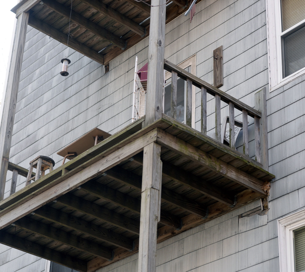 The second-floor apartment porch at 563 Cumberland Ave. in Portland where Donald Stain fell.
Shawn Patrick Ouellette/Staff Photographer