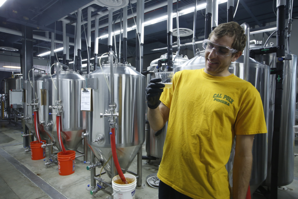 Assistant brewer and senior chemistry major Stephen Moser, 23, tastes a batch of freshly brewed beer at the recently opened Innovation Brew Works at the California State Polytechnic University, Pomona, in Pomona, Calif.