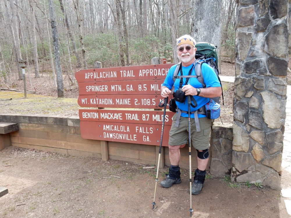 Carey Kish, who writes the Hiking in Maine column for the Maine Sunday Telegram, prepares for the start of the approach trail to Springer Mountain in Georgia.