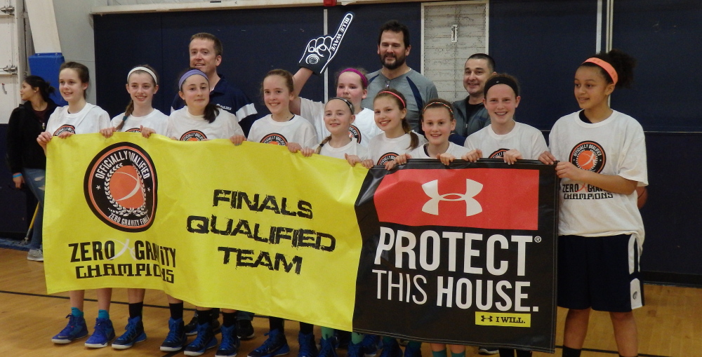 Members of the Blue Wave 12U girls’ basketball team that won the HoopRootz Gold Rush Classic, from left to right: Front : Alie Peterson, Adele Nadeau, Allie Hanlon, Kayla Conley, Julia Loring, Maria Degifico, Beth Stone-Grannell, Lauren Fotter, Gracie Forgues and Fiona Stawarz. Back: Coaches Phil Conley, Jeff Fotter and Steve Hanlon.