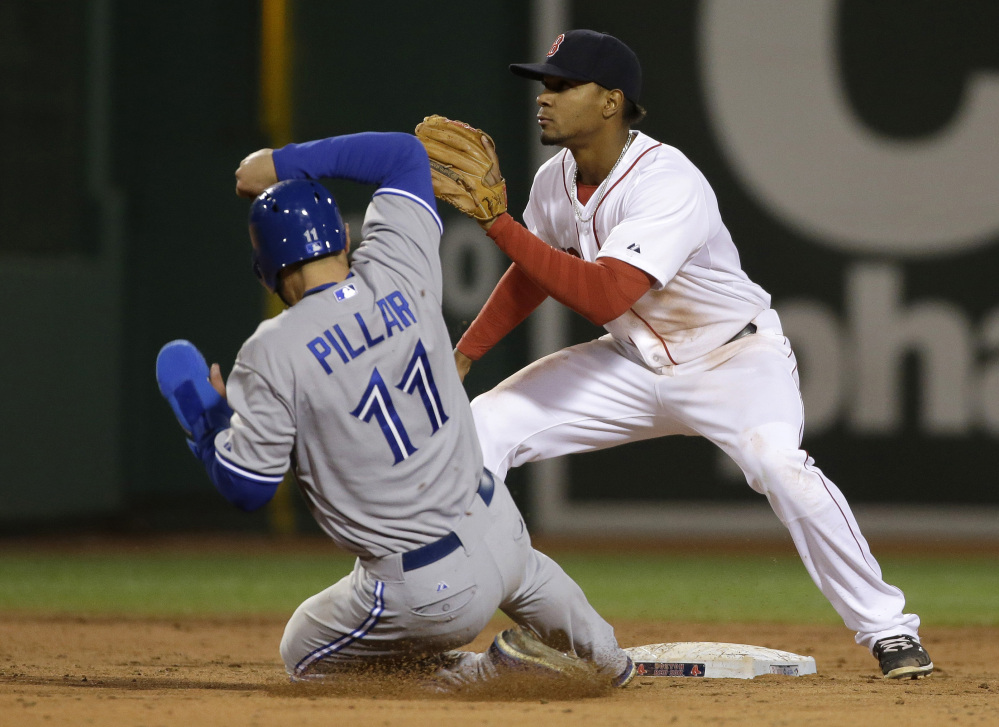 Toronto Blue Jays' Kevin Pillar steals second base as Boston Red Sox shortstop Xander Bogaerts waits for the ball in the fifth inning of Tuesday's game, in Boston. Pillar went on to score. (AP Photo/Steven Senne)