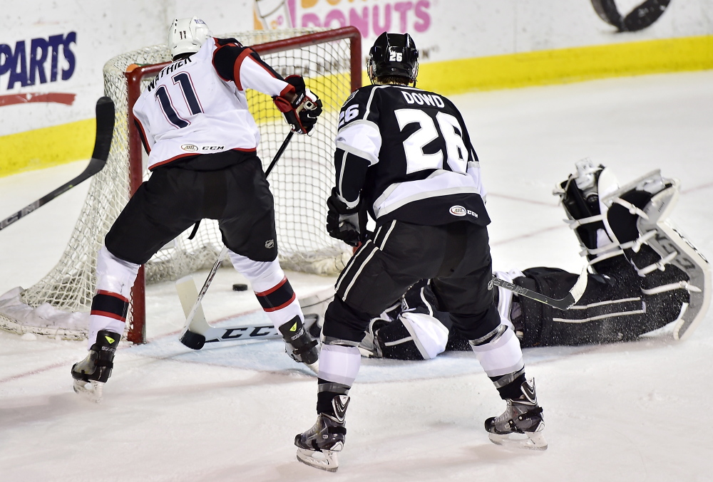 Pirate Francis Wathier scores the first goal of the game against the Manchester Monarchs on Thursday.