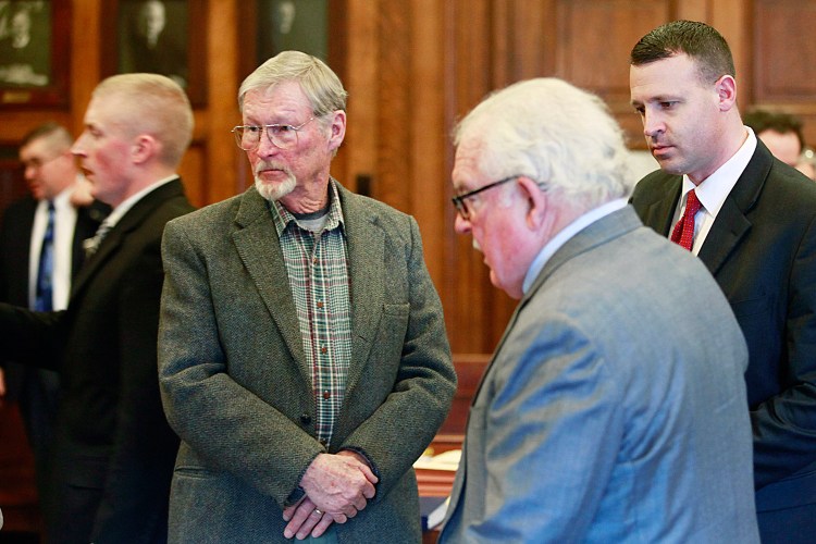 Merrill "Mike" Kimball, 72, of Yarmouth, left, is on trial in Portland for the October 2013 shooting death of Leon Kelley. To his right is his attorney Daniel Lilley.