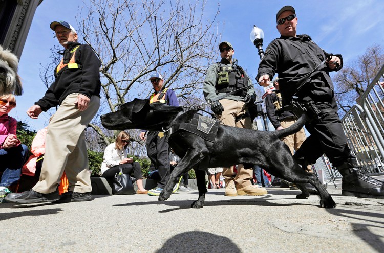 A Boston Police K-9 officer and his dog patrol with a National Guardsman, rear right, along Commonwealth Avenue near the finish line of the 118th Boston Marathon in Boston in this April 21, 2014, photo. The Associated Press