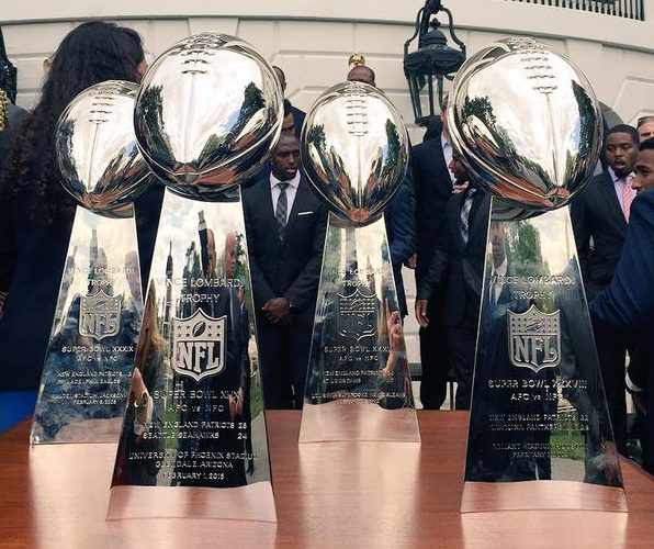 The New England Patriots' Lombardi trophies are displayed outside the White House on Thursday in this photo posted by the Patriots on Twitter.