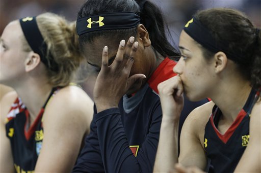 The Maryland bench watches play against Connecticut during the second half of Sunday's Final Four semifinal in Tampa, Fla. Connecticut won 81-58. (The Associated Press)