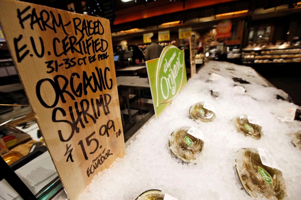 EU certified organic farm-raised shrimp are for sale Friday at the Wegmans in Fairfax, Va. Organic fish is certified in the EU and Canada because the U.S doesn’t have any standard. The Associated Press