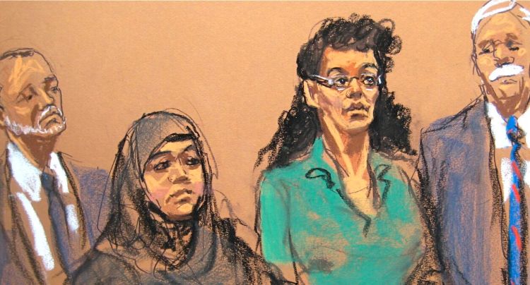 In this courtroom sketch, defendants Noelle Velentzas, left, and Asia Siddiqui  appear in federal court with their attorneys on Thursday,  in New York. The Associated Press / Sketch by  Jane Rosenberg 
