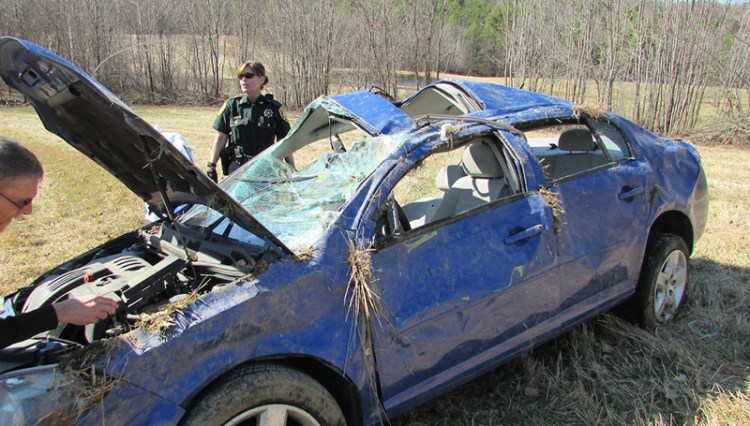 Tabitha Cochrane, 32, of Standish, lost control of her car on Parsonsfield road Wednesday morning and had to be extricated from the vehicle.