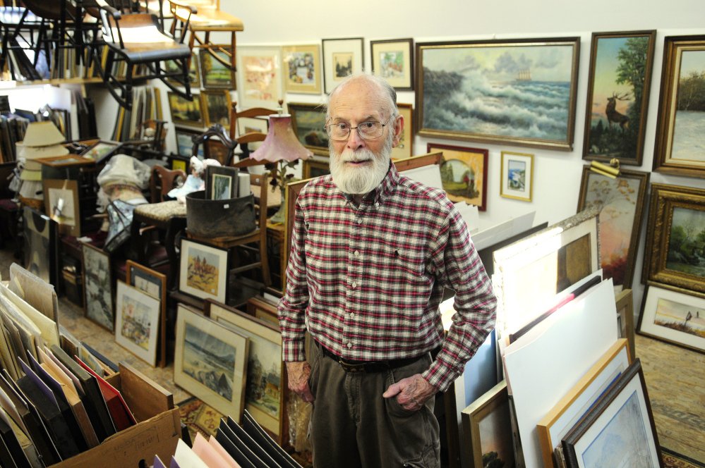 In addition to antiques downstairs, the upstairs at Charles M. Howe Jr.’s expanded Wilson Hall Antiques features a large selection of prints as seen in this photo taken on Friday in Hallowell. Joe Phelan/Kennebec Journal