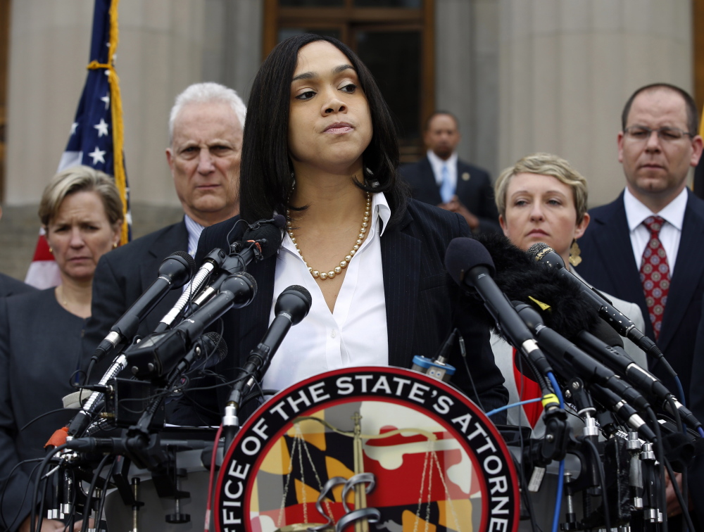 Marilyn Mosby, Baltimore state’s attorney, pauses while speaking during a media availability, Friday, May 1, 2015 in Baltimore.  Mosby announced criminal charges against all six officers suspended after Freddie Gray suffered a fatal spinal injury while in police custody. (AP Photo/Alex Brandon)