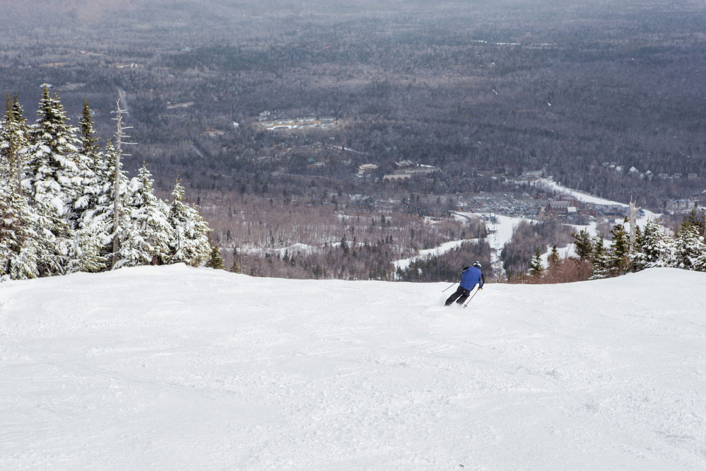 A skier gets in a spring run at Sugarloaf last weekend. The Carrabassett Valley ski area is one of many in New England that boasted 50-degree weather and plenty of snow.