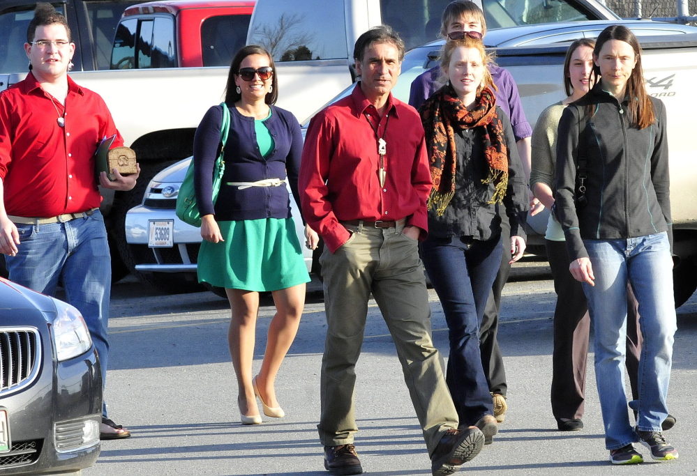 Barry Dana, center, former chief of the Penobscot Nation, arrives on April 13 in Skowhegan with others who want Skowhegan schools to stop using the Indians sports mascot. They were attending a meeting with a school board subcommittee.