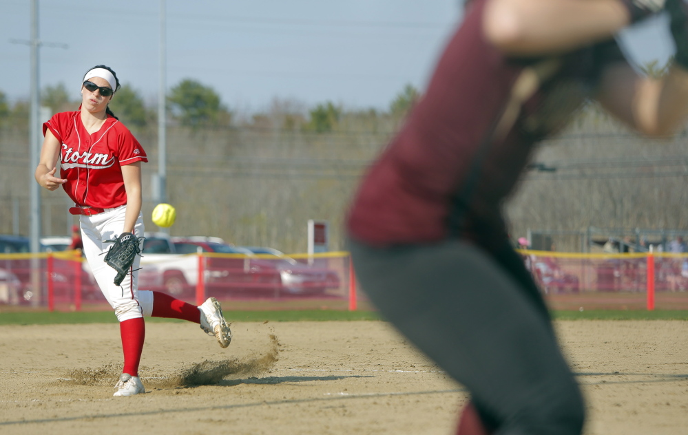 Scarborough sophomore Lilly Volk pitched a complete game, allowing four hits and striking out 10 as the Red Storm beat Thornton Academy 4-3 in a Western A game Monday in Scarborough.