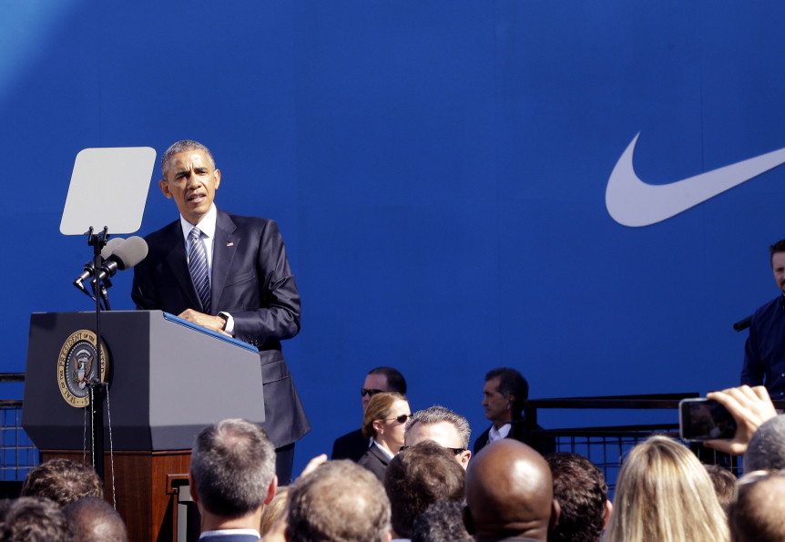 President Obama speaks at Nike headquarters in Beaverton, Ore., Friday, to make his trade policy pitch as he struggles to win over Democrats.
The Associated Press