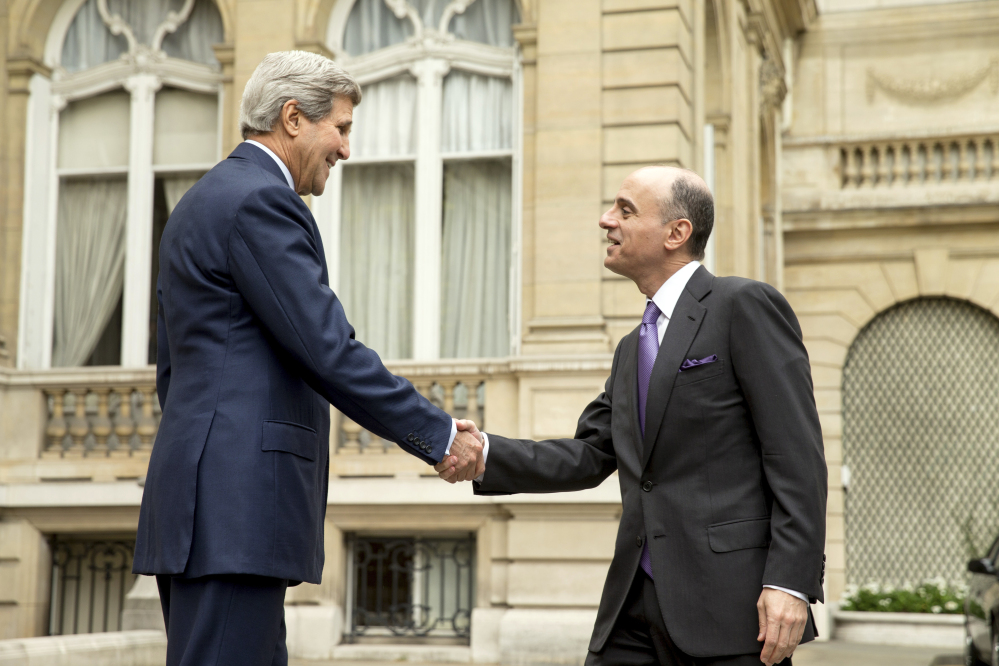 Secretary of State John Kerry shakes hands with Saudi Foreign Minister Adel al-Jubeir outside of the Chief of Mission Residence in Paris, France, last week. President Barack Obama wants to reassure Arab leaders that an emerging deal with Iran will not further destabilize the Middle East.