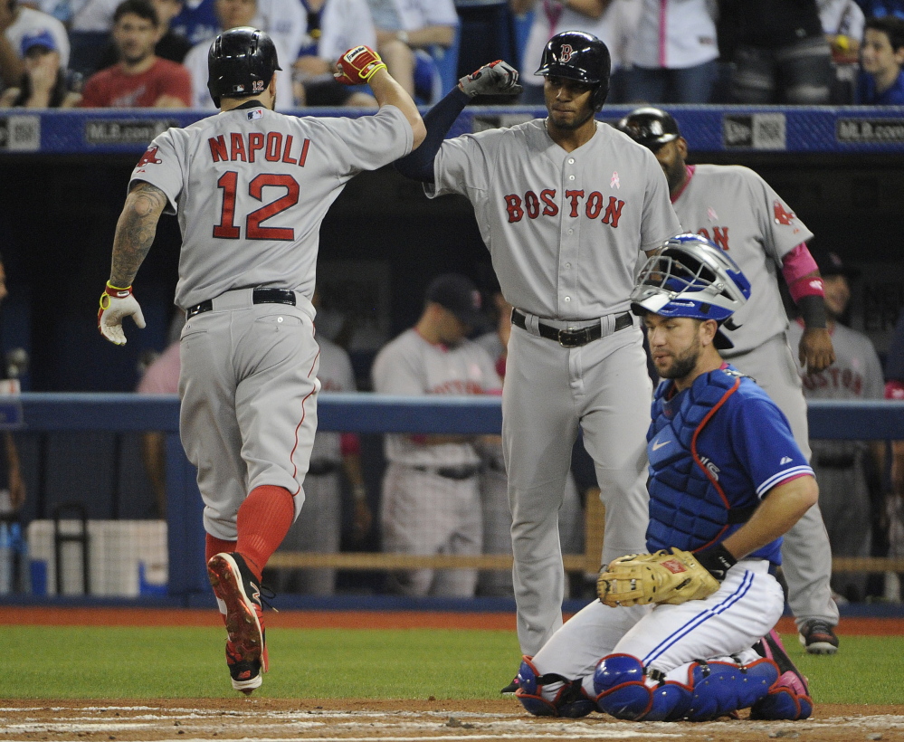 Red Sox first baseman Mike Napoli celebrates with shortstop Xander Bogaerts after a three-run homer in the first inning against the Toronto Blue Jays on Sunday.