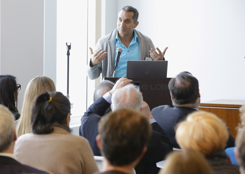 Bassem Youssef leads a discussion of satire and free speech May 1 in Boston. He has been a resident fellow for the spring semester at Harvard University’s Institute of Politics at the John F. Kennedy School of Government.