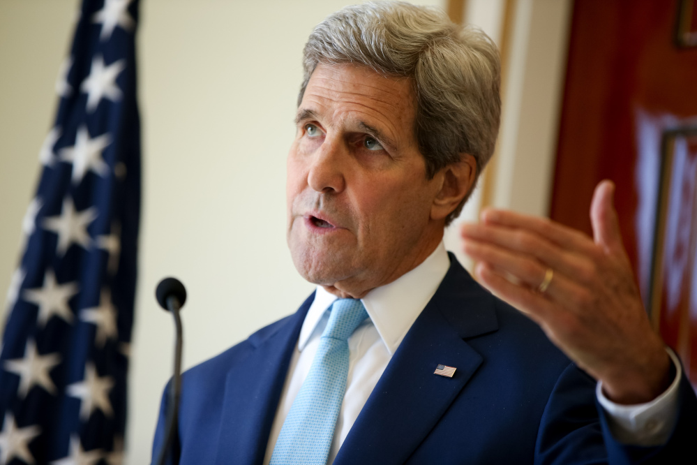 In this May 6 file photo, U.S. Secretary of State John Kerry speaks during a joint press conference with Foreign Minister Mahamoud Ali Youssouf at the Presidential Palace, in Dijbouti, Dijbouti.