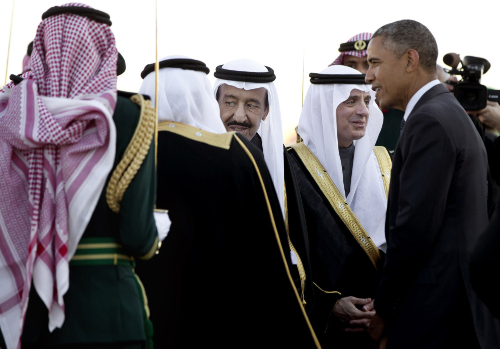 President Obama won’t be playing host to Saudi King Salman bin Abdul Aziz, center, at the Camp David summit of U.S. and allied Arab leaders. Most Gulf heads of state won’t be there.