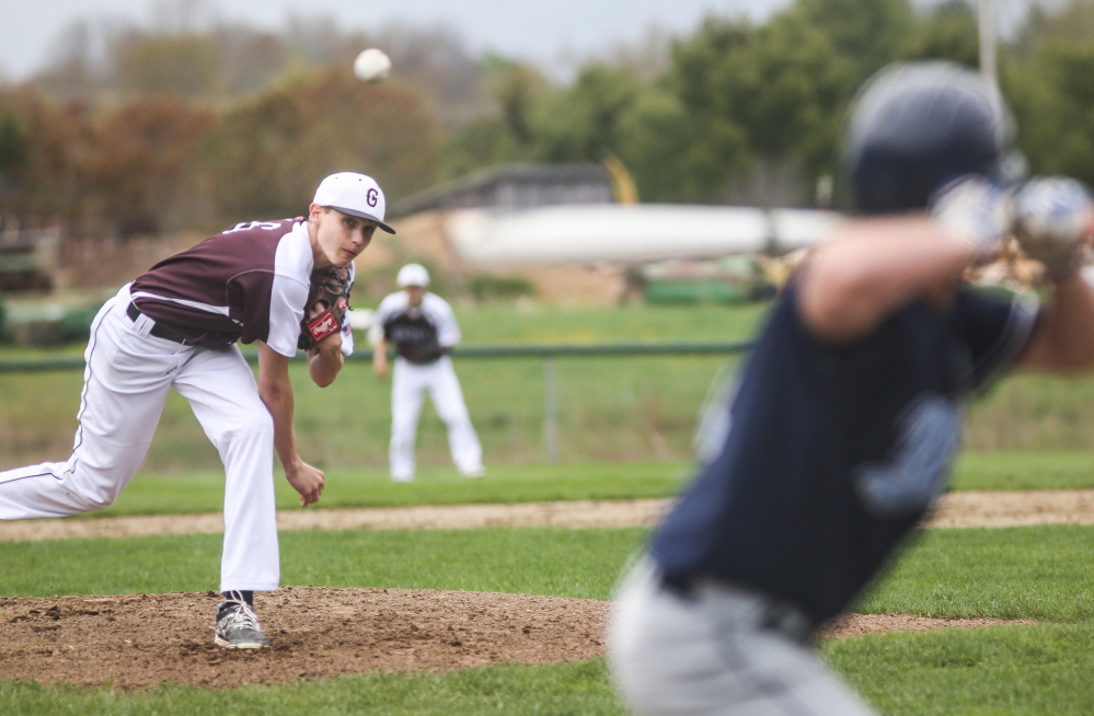 Greely’s Ryan Twitchell delivers a pitch to York’s Chris Nielson during the Rangers’ 3-0 win on Monday afternoon at Cumberland.