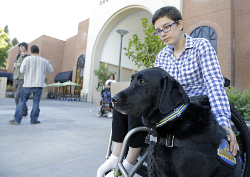 Wallis Brozman sits with her service dog, Caspin, outside a shopping mall in Santa Rosa, Calif. Nat Geo Wild will air a three-part series called “Is Your Dog a Genius?” this weekend. Brozman and Caspin will be guests on the show.