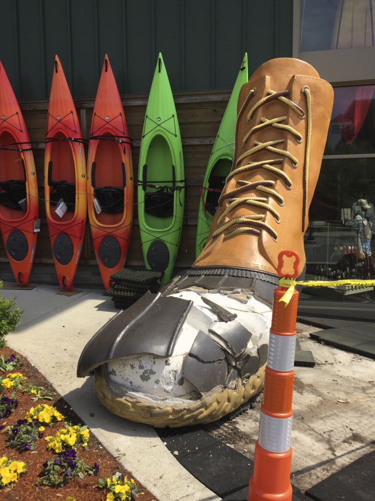 A tractor-trailer ran into  the L.L. Bean boot sculpture outside the Dedham, Massachusetts, moving it about 6 feet and cracking the rubbery coating between the toe and the laces.