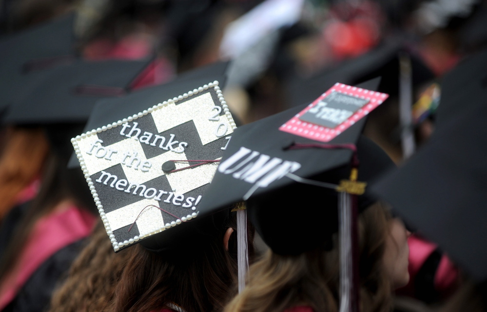 Mortar board messages for the crowd were bountiful during the commencement ceremonies for University of Maine at Farmington’s class of 2015 in Farmington on Saturday.