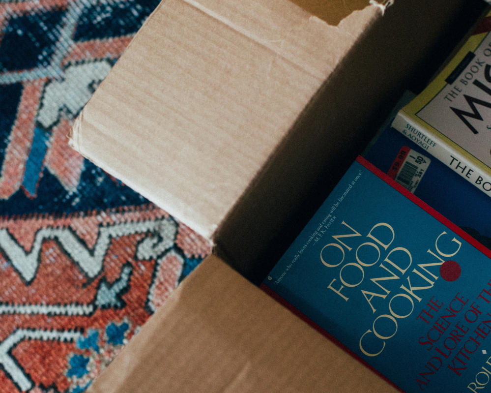 The roomy box containing books Grodinsky has culled from her collection.