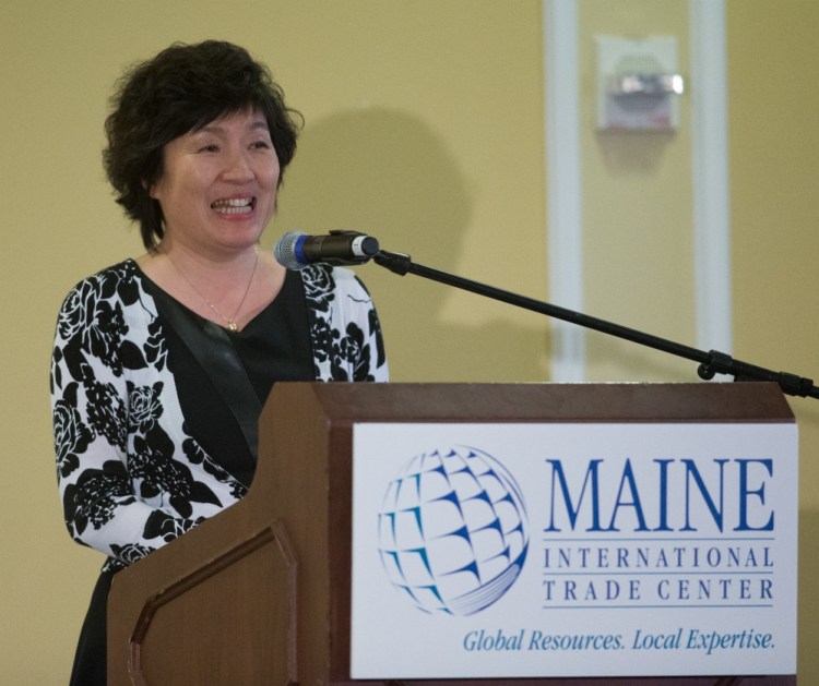 Zhang Qiyue, the Chinese consul general in New York, speaks Thursday during Maine International Trade Day at the Somerset Resort in Rockport. She said China's middle class continues to expand and offer new markets for Maine products.
Claudia Dricot photo