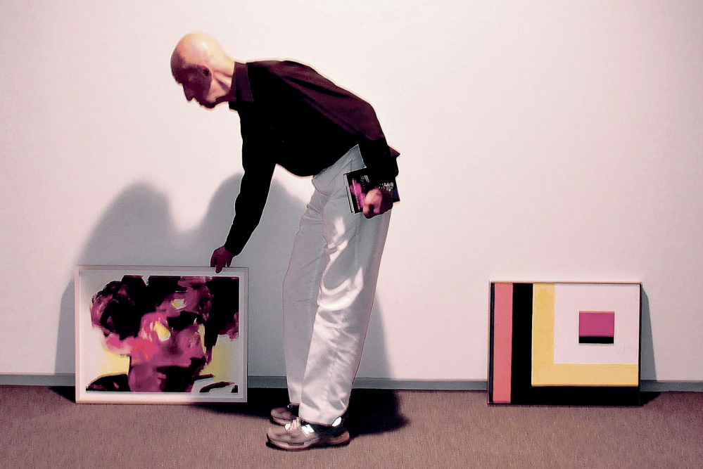 Alex Katz arranges works for “An Artist’s Gift” at the Colby College Museum of Art in Waterville.