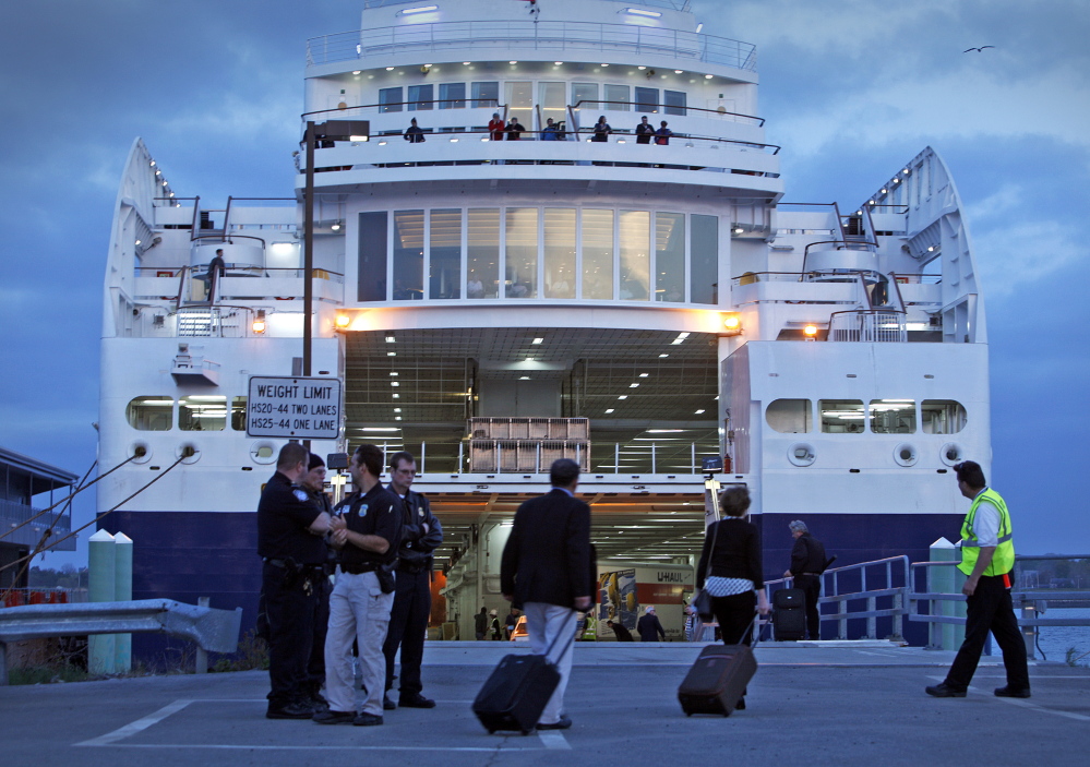 Passengers board the Nova Star ferry for its maiden voyage from Portland to Yarmouth, Nova Scotia, last May. Ferry officials expect 80,000 riders this summer on the service that begins June 1, up from last year’s 59,000. A Nova Scotia official hopes to meet with Gov. LePage soon about Maine funding for the ferry.