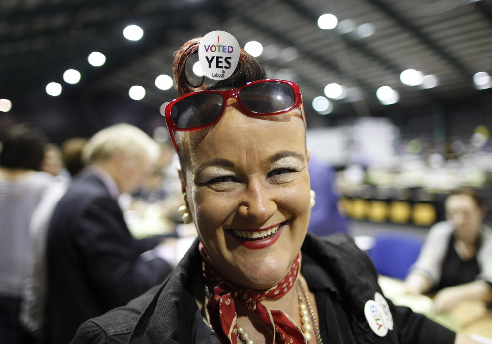 Rhonda Donaghy is pleased with the results of the vote Saturday in Dublin, Ireland.