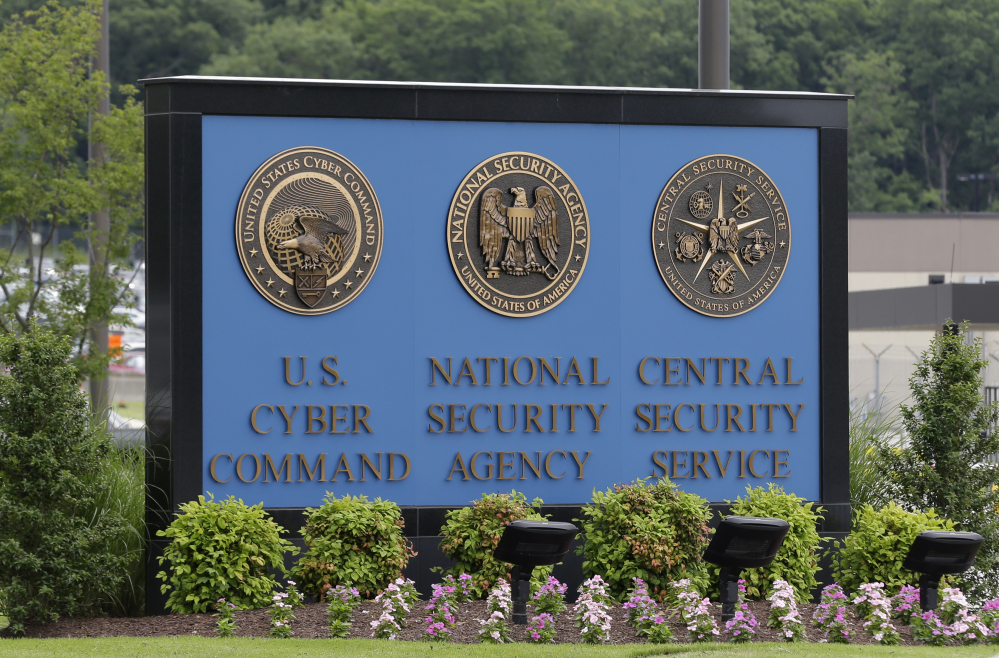 A sign stands outside the National Security Agency campus in Fort Meade, Md.
