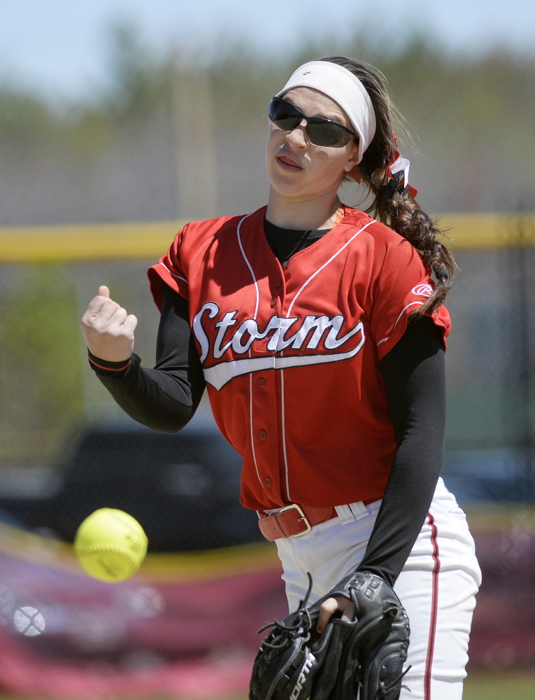 Scarborough pitcher Lilly Volk was tested in the last two innings but held on to keep her team undefeated.