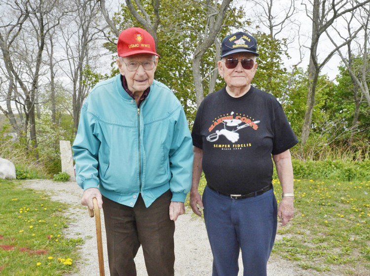 World War II veterans Fred Jeffery of Portland, left, and Roy Earle of Norway both served in the Pacific during World War II. Jeffery saw action on Okinawa and Earle was at Iwo Jima. Shawn Patrick Ouellette / Staff Photographer