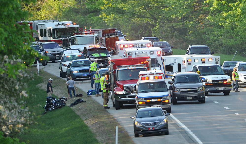 State police along with Waterville and Sidney fire departments respond to a motorcycle accident at mile 120 southbound on Interstate 95 in May.