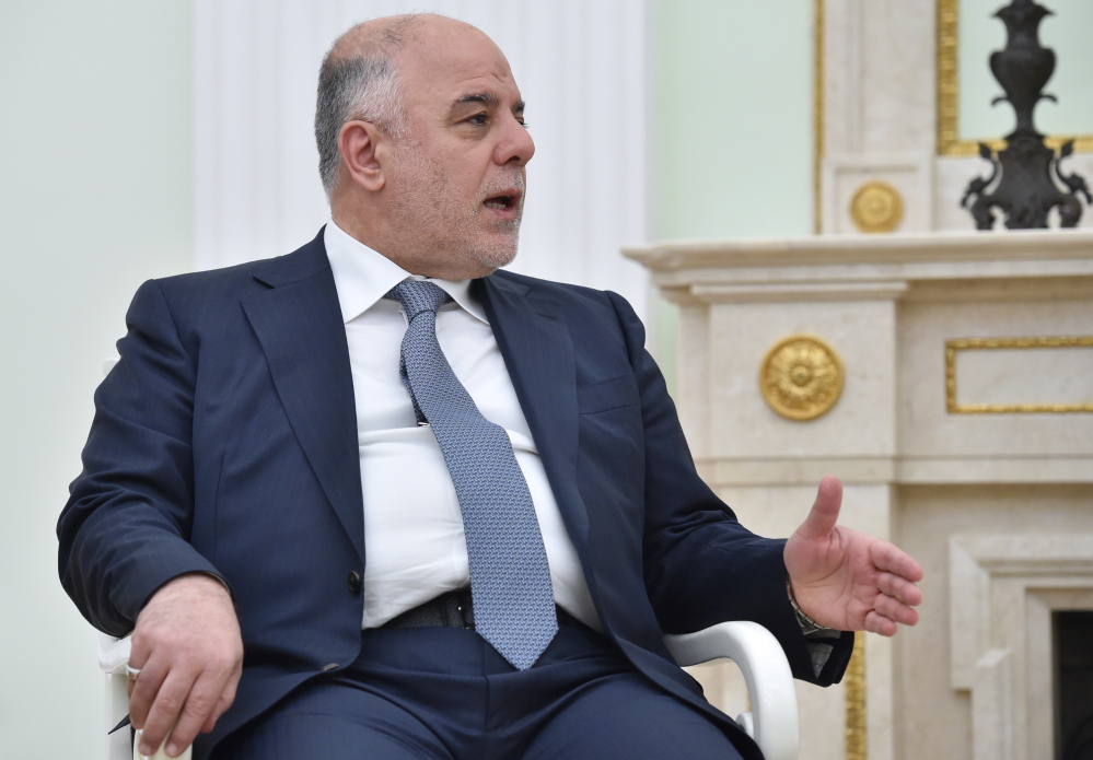 Iraqi Prime Minister Haydar al-Abadi speaks at a meeting with Russian President Vladimir Putin in the Kremlin in Moscow on May 21.