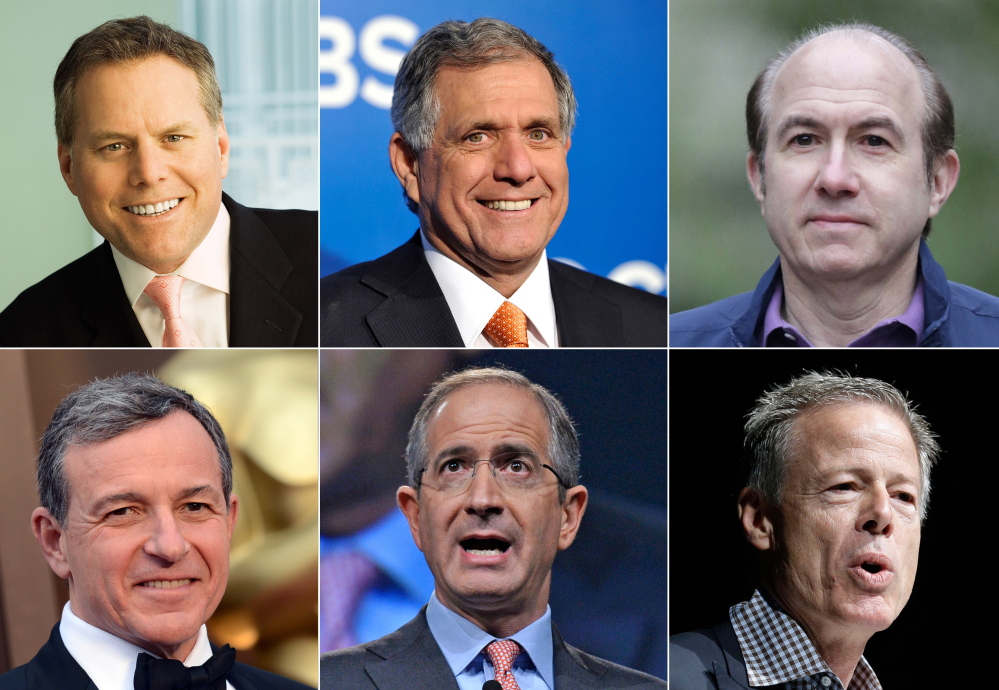 Highest-paid CEOs include, top row, from left: David Zaslav, Discovery Communications; Les Moonves, CBS; Philippe Dauman, Viacom: and bottom row, from left: Robert Iger, Walt Disney; Brian Roberts, Comcast; Jeffrey Bewkes, Time Warner.