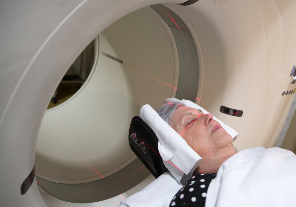 Volunteer Judith Chase Gilbert undergoes a brain scan at Georgetown University Hospital.