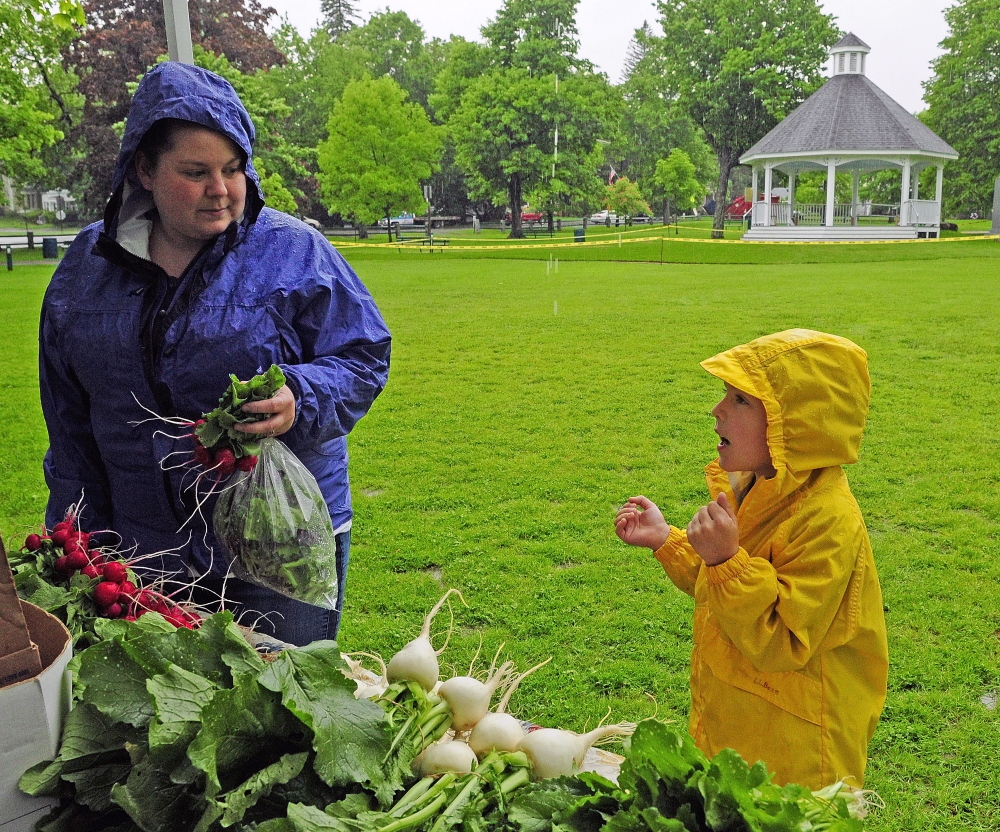 Christine Leavitt, left, and Rylee Lefebvre shop at the farmers market in Gardiner. Grant money aims to encourage food stamp recipients to purchase locally grown foods.