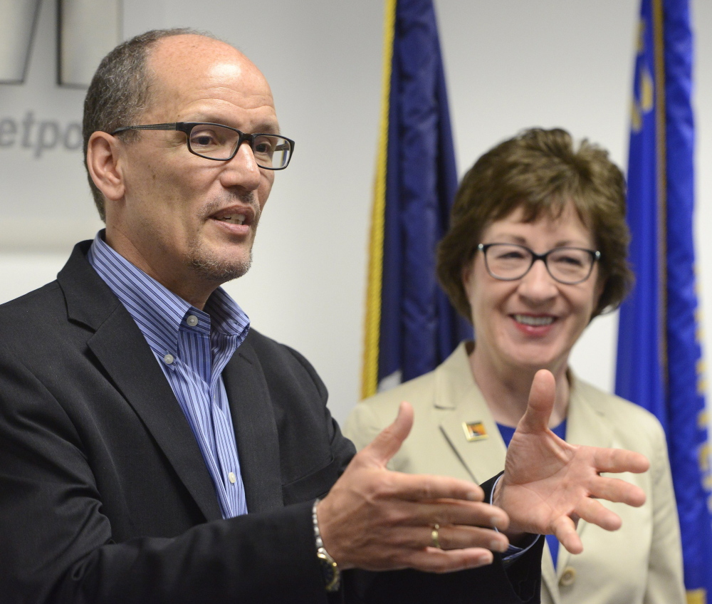 Secretary of Labor Thomas Perez and Sen. Susan Collins hold a press conference in Portland in May of 2015.