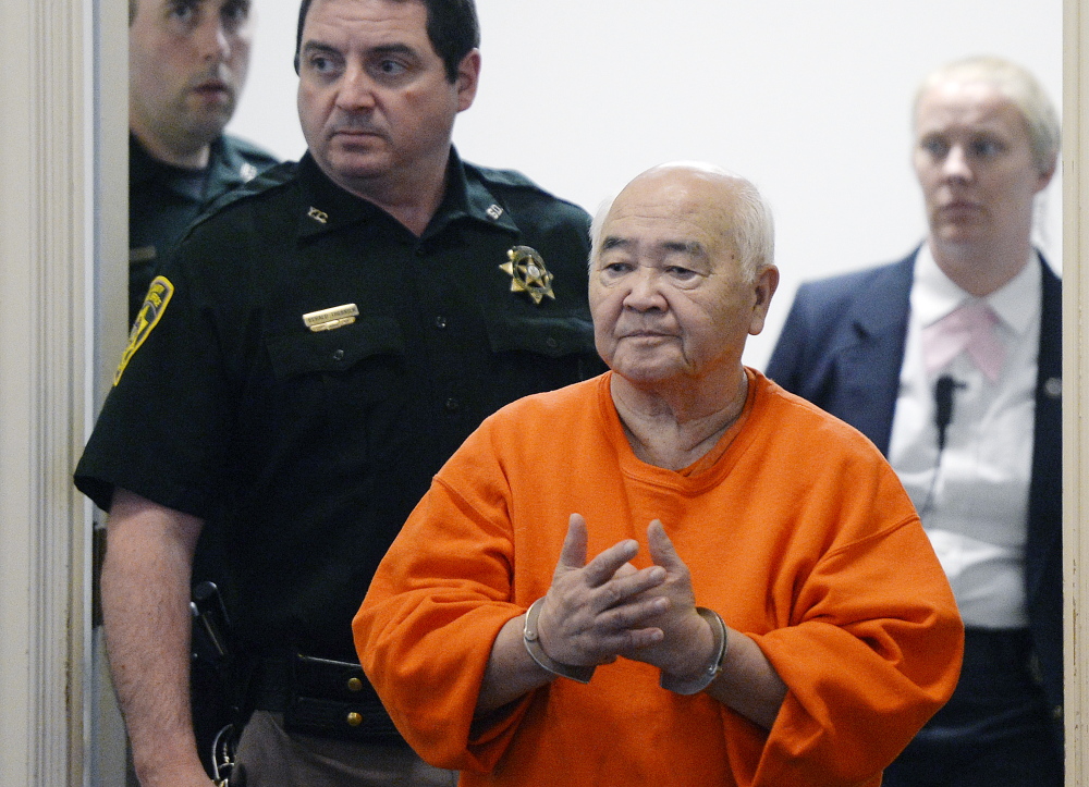 James Pak is led into York County Superior Court in Alfred for a competency hearing in May. Pak, who is charged with killing two teenagers in an apartment at his home in December of 2012, has pleaded not guilty by reason of insanity.
Shawn Patrick Ouellette/Staff Photographer