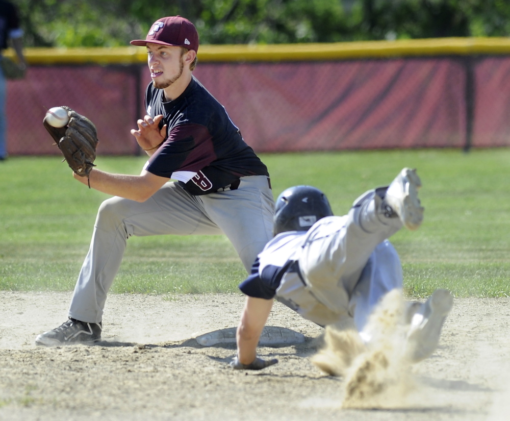 Ben Humphrey of Freeport takes the throw from the catcher and prepares to slap on a tag in time to get Jack Snyder of Yarmouth, who was attempting to steal second base.