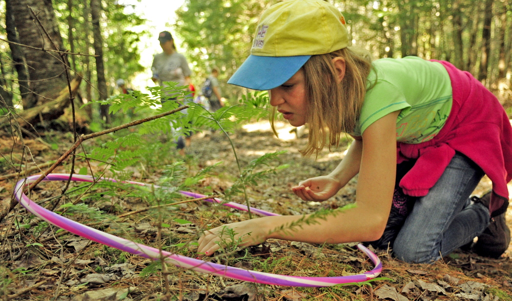 During the “map your kingdom” exercise, Molly Anderson searches the forest-floor territory marked by a hula hoop during Forestry Day in the town forest around China’s primary and middle schools on Friday.